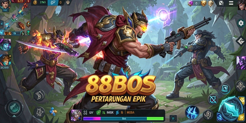 Screenshot gameplay 88BOS menampilkan aksi seru pertarungan MOBA.