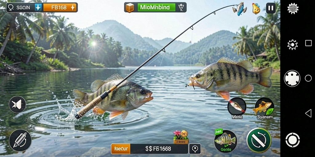 Screenshot gameplay FB168 yang menunjukkan aksi memancing.