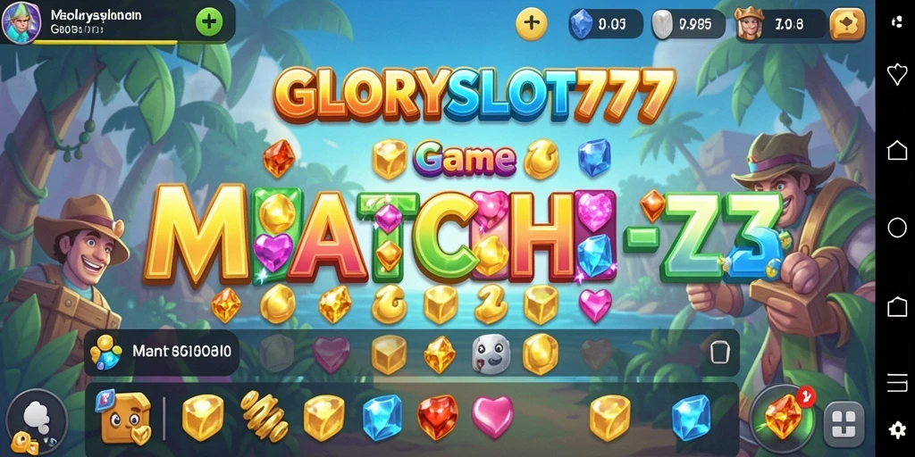 Screenshot utama GLORYSLOT777 menunjukkan gameplay Match-3 yang menarik.