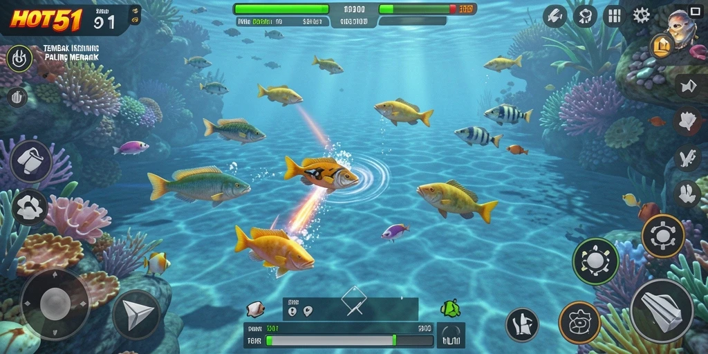Tampilan gameplay HOT51 yang penuh warna dan dinamis saat menangkap ikan.
