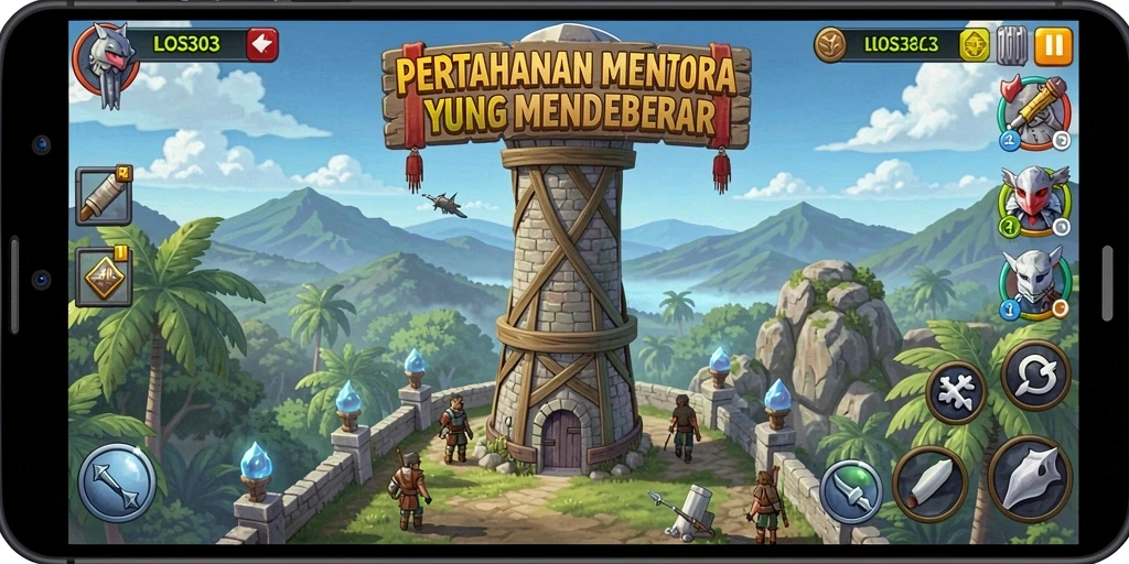 Tampilan gameplay <strong>LOS303</strong> dengan menara dan musuh yang beragam.