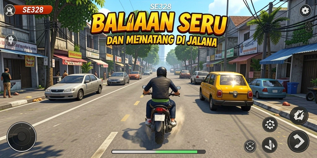 Screenshot gameplay SE328 menampilkan balapan seru di trek yang menantang.