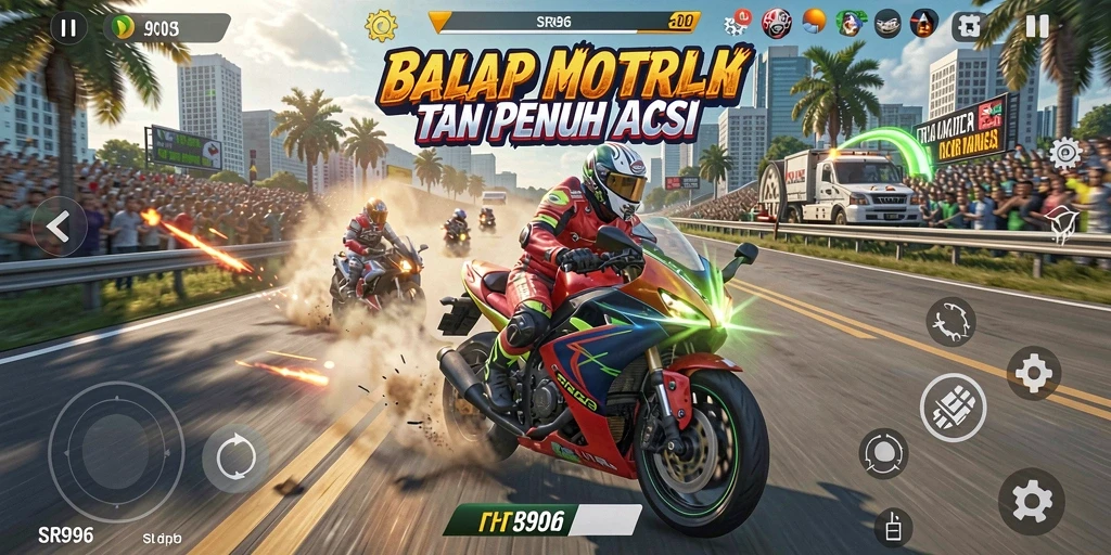 Tampilkan layar gameplay SR996 dengan balapan motor yang intens.