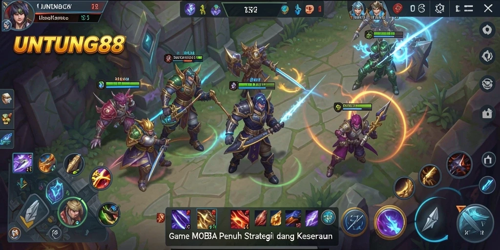 Screenshot UNTUNG88 menampilkan pertempuran seru dalam gameplay MOBA.