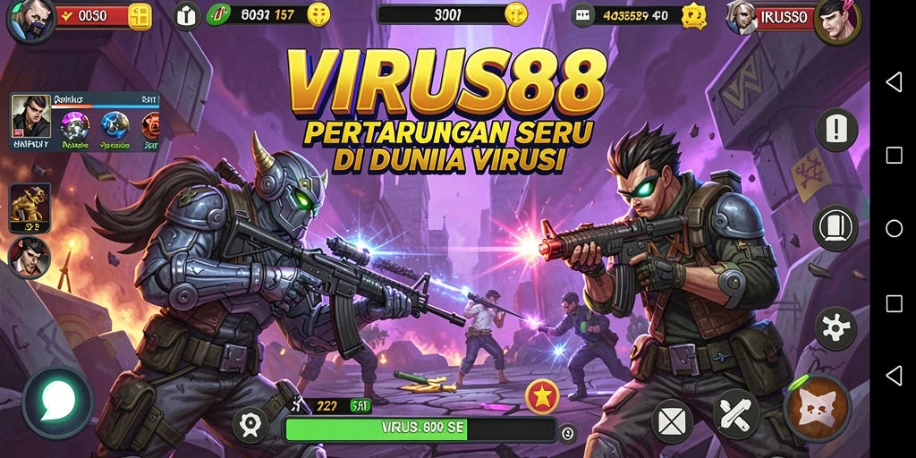 Screenshot dari gameplay <strong>VIRUS88</strong> dengan karakter bertarung yang sangat dinamis.