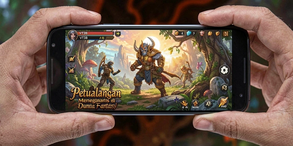 Screenshot gameplay VT38 menunjukkan karakter menjelajahi dunia fantasi.