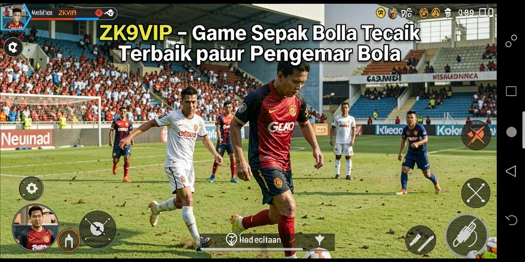 Screenshot gameplay ZK9VIP yang menampilkan aksi seru di lapangan sepak bola.